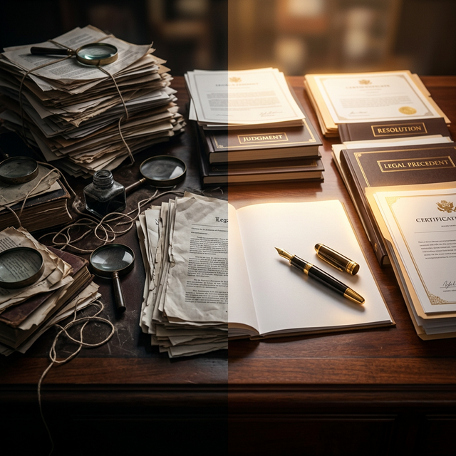 Representação visual do problema (burocracia) vs solução (clareza jurídica)